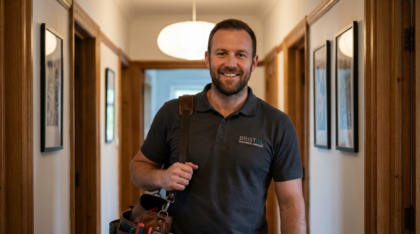 Dale of D B Electrical Contractors, smiling in a hallway with his tool bag